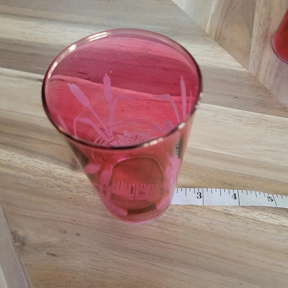 Vintage Cranberry Red Water Lily Marsh Cattail etched glass drinking tumblers x2 - Picture 6 of 7